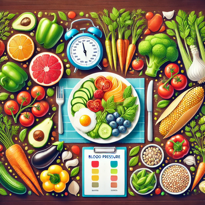 혈압 조절에 좋은 음식으로 구성된 균형 잡힌 식단 이미지