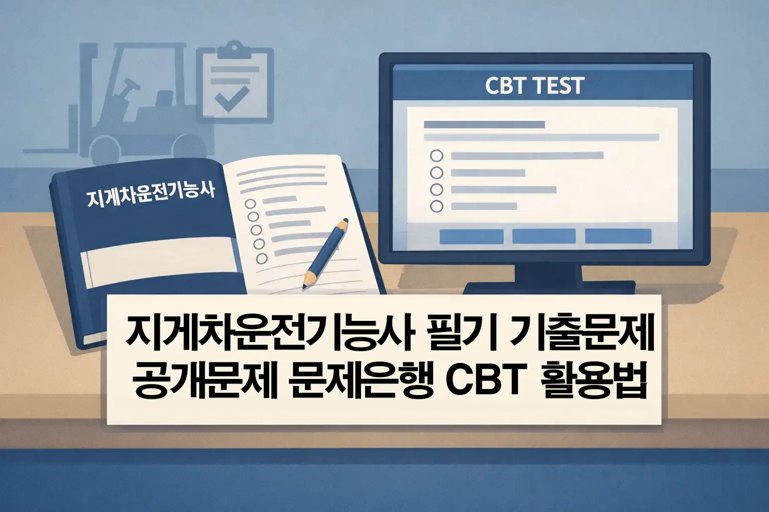 지게차운전기능사 필기 기출문제 글의 전체 흐름을 보여주는 썸네일 이미지로 공개문제와 문제은행, CBT 활용법까지 어떤 방식으로 공부할지 한 번에 이해하도록 구성한 화면