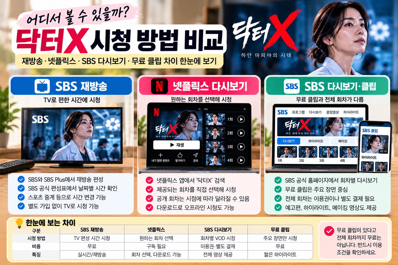 닥터X 무료 하이라이트와 유료 전체 회차 VOD 차이 비교