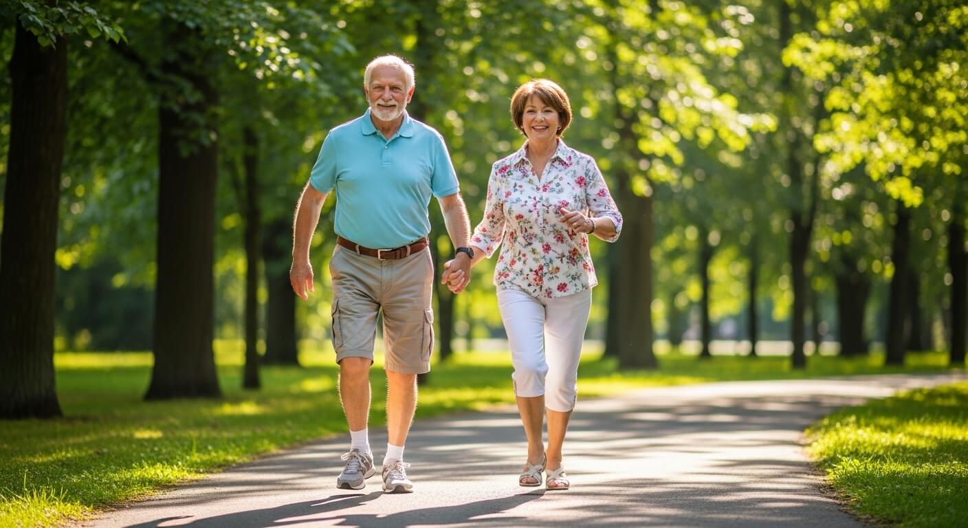 산책로에서 걷고있는 노부부