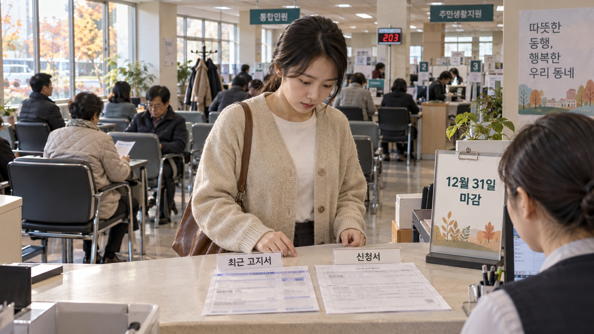 행정복지센터 민원대에 올려 둔 요금고지서와 신청서