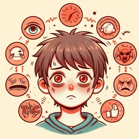 틱장애 증상을 보여주는 이미지: 눈 깜박임, 얼굴 찡그림 모습을 그린 일러스트레이션.