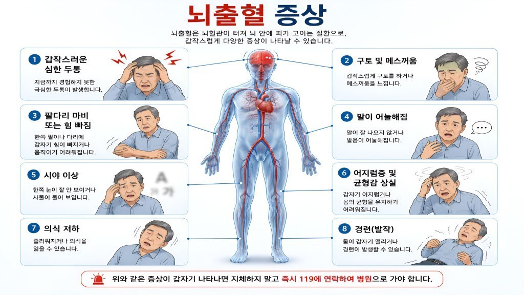 인체도에 뇌출혈 증상과 설명을 만들어놓은 이미지 입니다