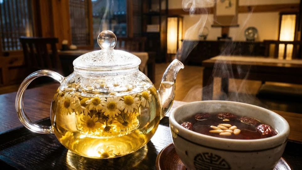 유리 찻주전자에서 우러나오는 노란 빛깔의 카모마일 차와 붉은 대추차, 모락모락 피어오르는 김