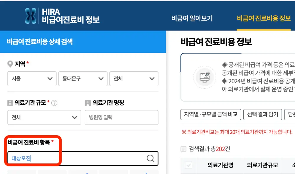 비급여진료비정보사이트-대상포진-입력장면