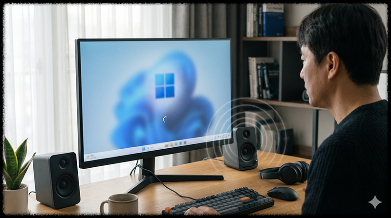 컴퓨터를 다시 시작한 후 스피커에서 Windows 시작음을 확인하는 모습