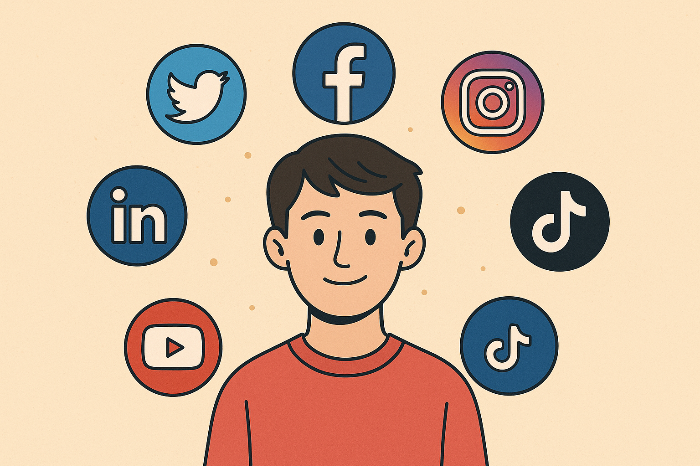 여러 플랫폼이 한 인물 주변에 떠 있는 이미지