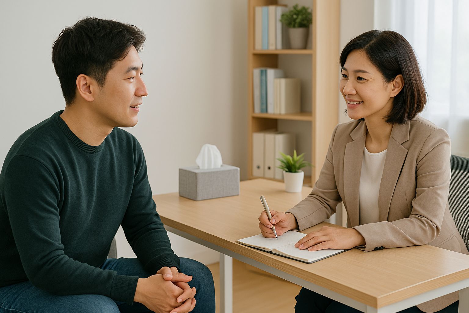 책상 너머 편안하게 이야기 나누는 장면, 진지하면서도 안전한 분위기