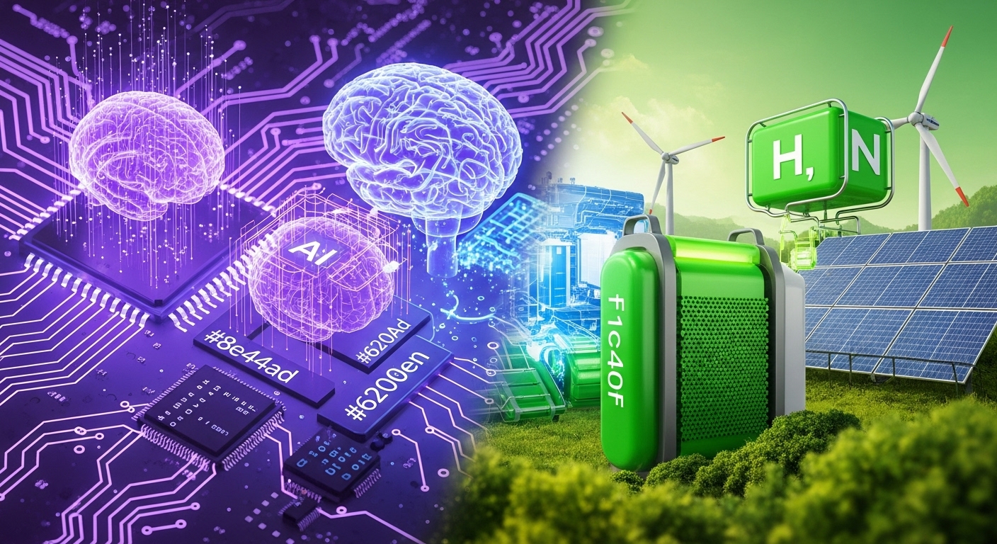 보라색 AI 칩과 녹색 친환경 에너지 발전소를 대비시켜, 미래 산업 트렌드인 AI 반도체와 친환경 에너지의 공존과 경쟁을 상징적으로 보여주는 이미지.