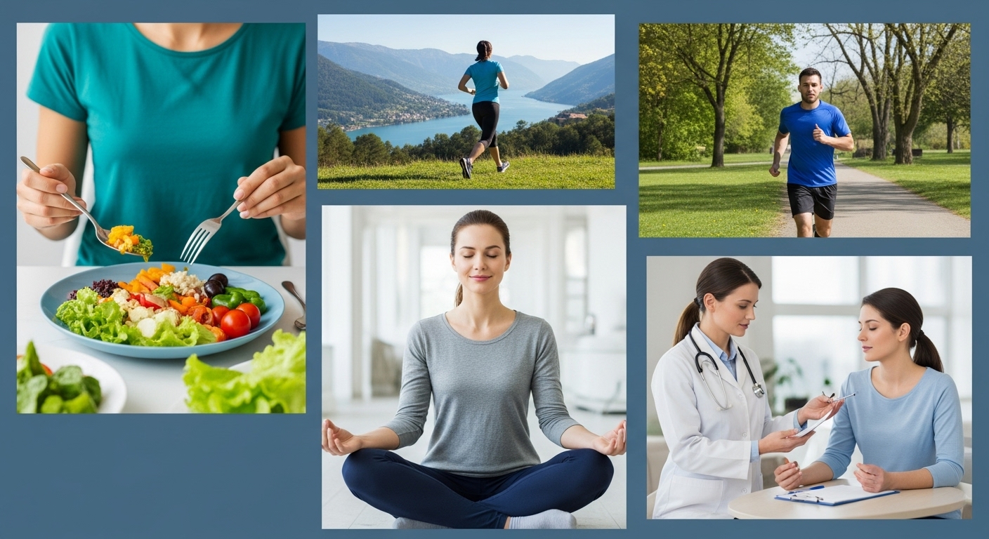 혈압 관리, 건강한 식사, 운동, 스트레스 관리 등 뇌출혈 예방을 위한 건강한 생활 습관들을 시각적으로 표현한 콜라주 이미지.