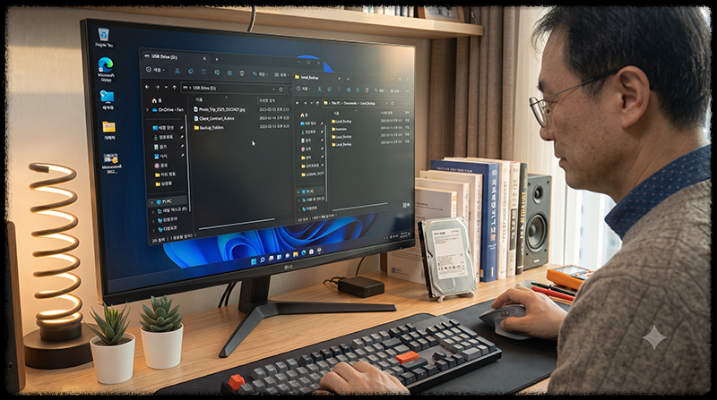 USB를 포맷하기 전에 중요한 파일을 컴퓨터에 백업하는 모습