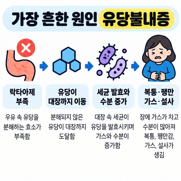 락타아제 부족으로 유당이 소화되지 않아 가스와 수분이 늘고 복통과 설사가 생기는 과정을 보여주는 카드