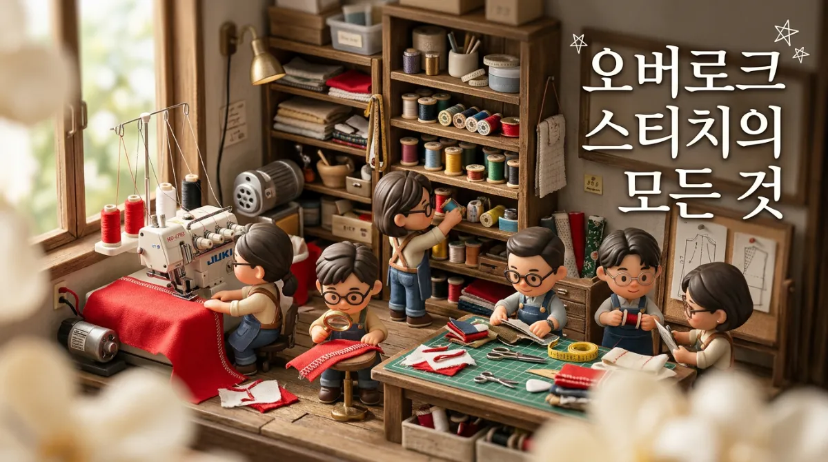 미니어처 봉제 공방에서 오버로크 작업 중인 귀여운 캐릭터들의 디오라마