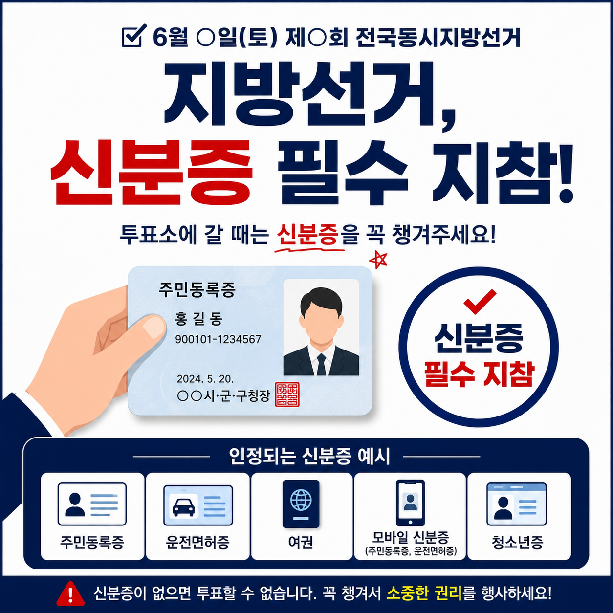 지방선거 투표소에서 신분증을 꼭 지참해야 한다는 안내 문구와 주민등록증, 운전면허증, 여권, 모바일 신분증 예시가 함께 배치된 선거 참여 안내 이미지.