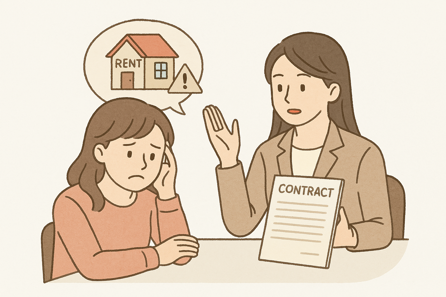 전세사기 피해 상담을 받는 인물의 상황, 걱정된 표정의 상담받는 사람 일러스트