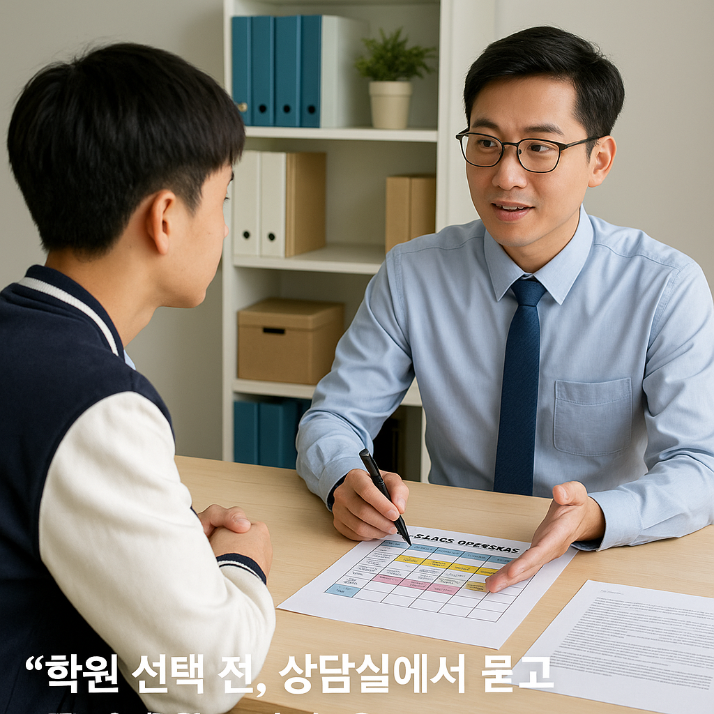 고등학생 남학생이 학원 상담을 받고 있으며, 상담 테이블 위에는 수업 일정표와 상담 자료가 펼쳐져 있는 모습.