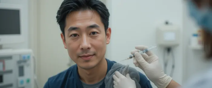 어깨에 DNA 주사 시술 중인 남성