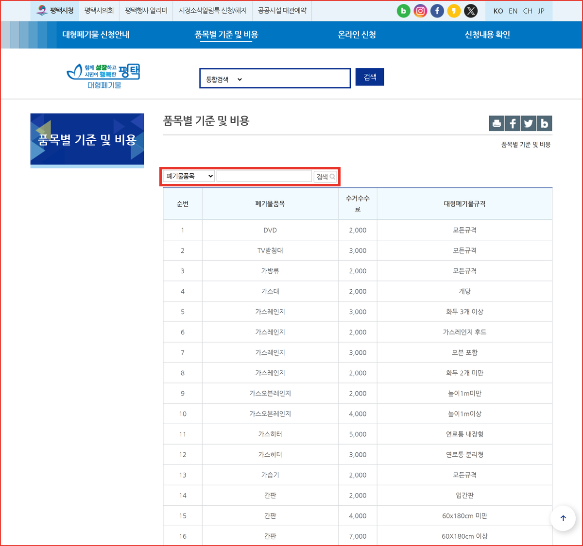 평택시 대형폐기물 신고 포털 품목별 기준 및 비용 화면에서 폐기물 품목을 검색하는 입력란 위치