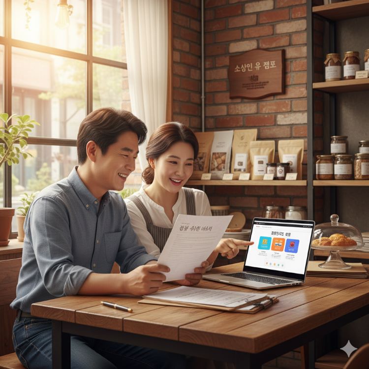 소상공인이 소상공인시장진흥공단 앱으로 대출 신청 화면을 보는 장면. 1억 원 대출 그래픽, 전통시장과 소상공인 매장 배경, 희망적인 분위기