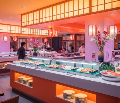 쿠우쿠우골드 프리미엄 초밥뷔페 매장 내부 전경과 다양한 메뉴 디스플레이