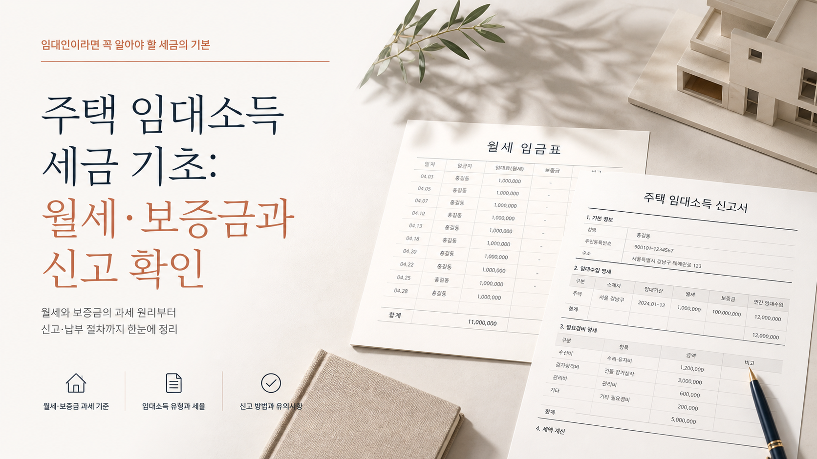 주택 임대소득 세금 기초: 월세&middot;보증금과 신고 확인 핵심 내용을 설명하는 부동산 안내