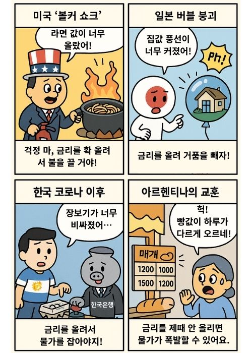 미국 볼커 쇼크에서 금리 인상으로 물가 진화, 일본 버블 거품 붕괴, 한국 코로나 이후 생활물가와 금리 인상, 마지막은 아르헨티나의 빵값 폭등 사례로 금리와 물가의 관계를 설명하는 4컷 만화