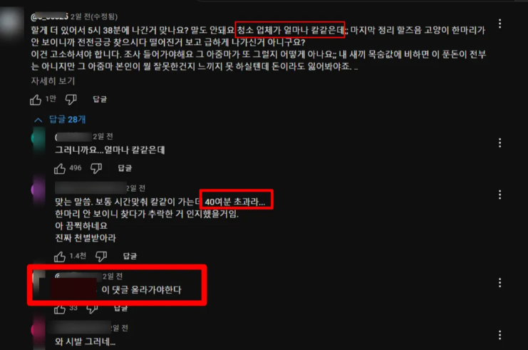 청소업체 과실 논란 관련 유튜브 댓글 토론 장면