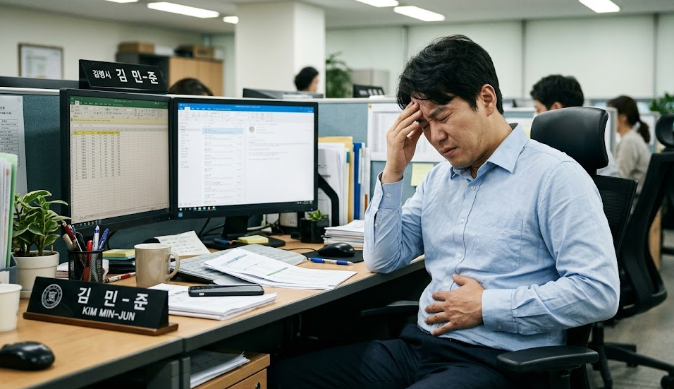 오랜 시간 앉아 일하며 발생하는 직장인들의 변비와 과민성 대장 증후군 고통