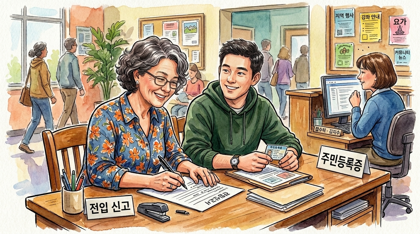 중년여성이 아들과 같이 주민센터에 와서 전입신고와 확정일자 받기 위해 다정하게 서류 작성하고 있는 모습.