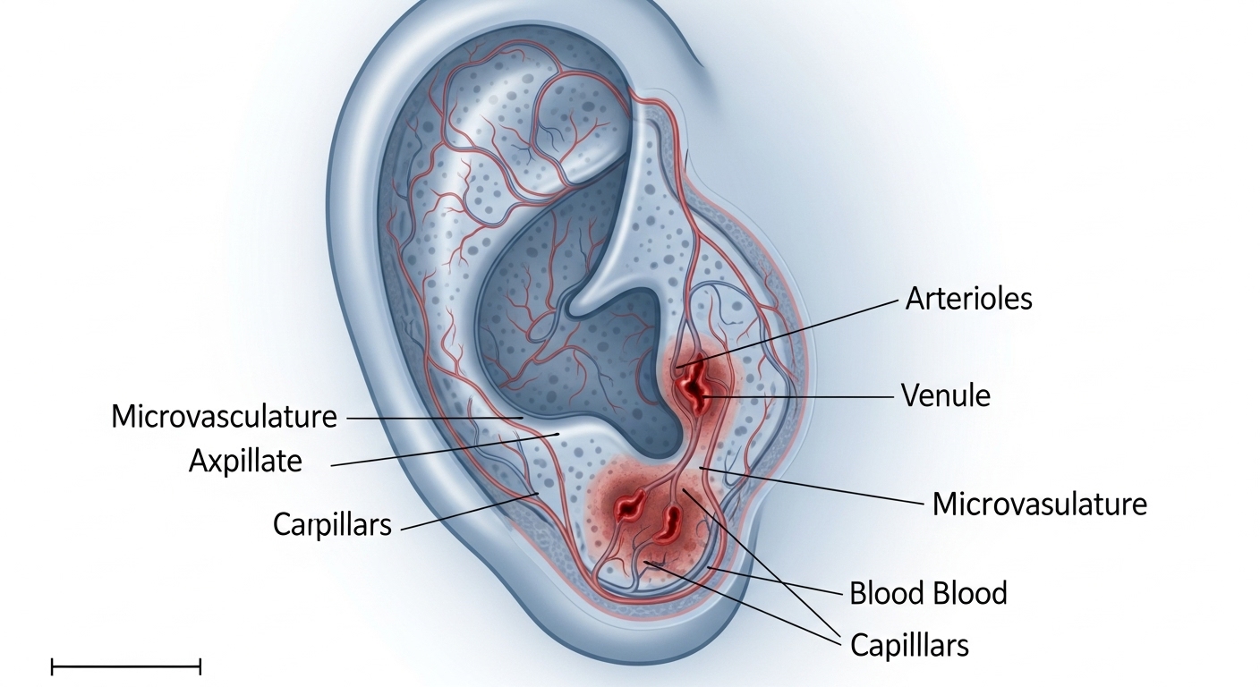 귓볼의 미세혈관이 손상된 모습을 보여주는 과학적인 삽화. 귓볼주름과 혈관 건강의 연관성을 시각적으로 설명.
