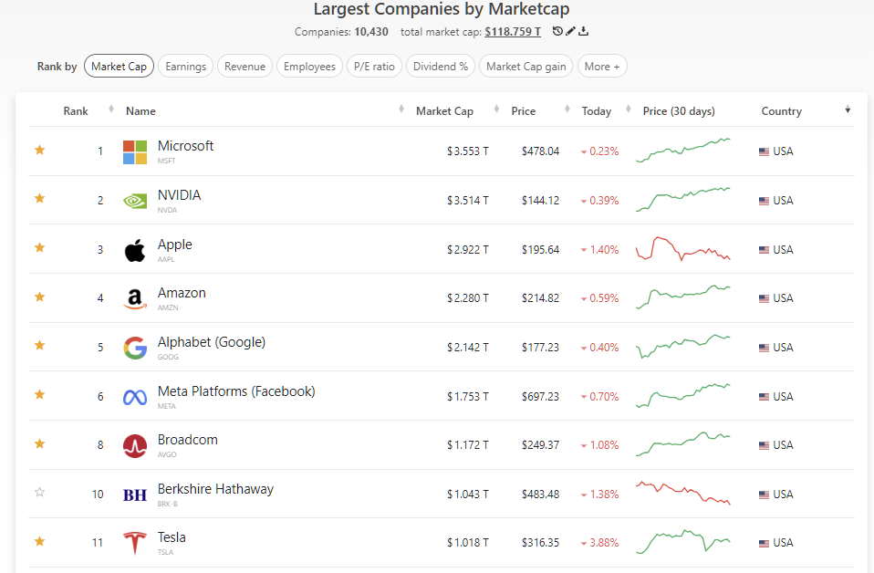 2025년 6월 17일 기준 미국 시가총액 상위 BATMMAAN 종목 시황, 출처 : Companiesmarketcap.com