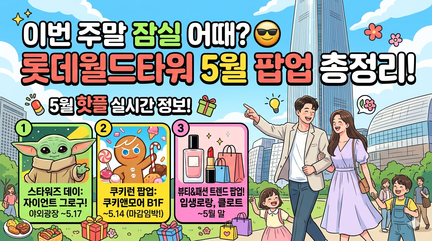 잠실 롯데월드타워 5월 팝업스토어 총정리 대표 이미지. 이번 주말 어때? 컨셉으로 스타워즈 데이의 자이언트 그로구, 쿠키런 팝업, 뷰티 및 패션 핫플 정보가 아이콘과 일러스트로 표현된 블로그 썸네일