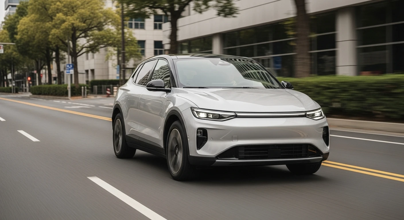 전기차-보조금-하얀색-전기차가-가로수가-있는-도심의-도로를-달리는-AI-이미지