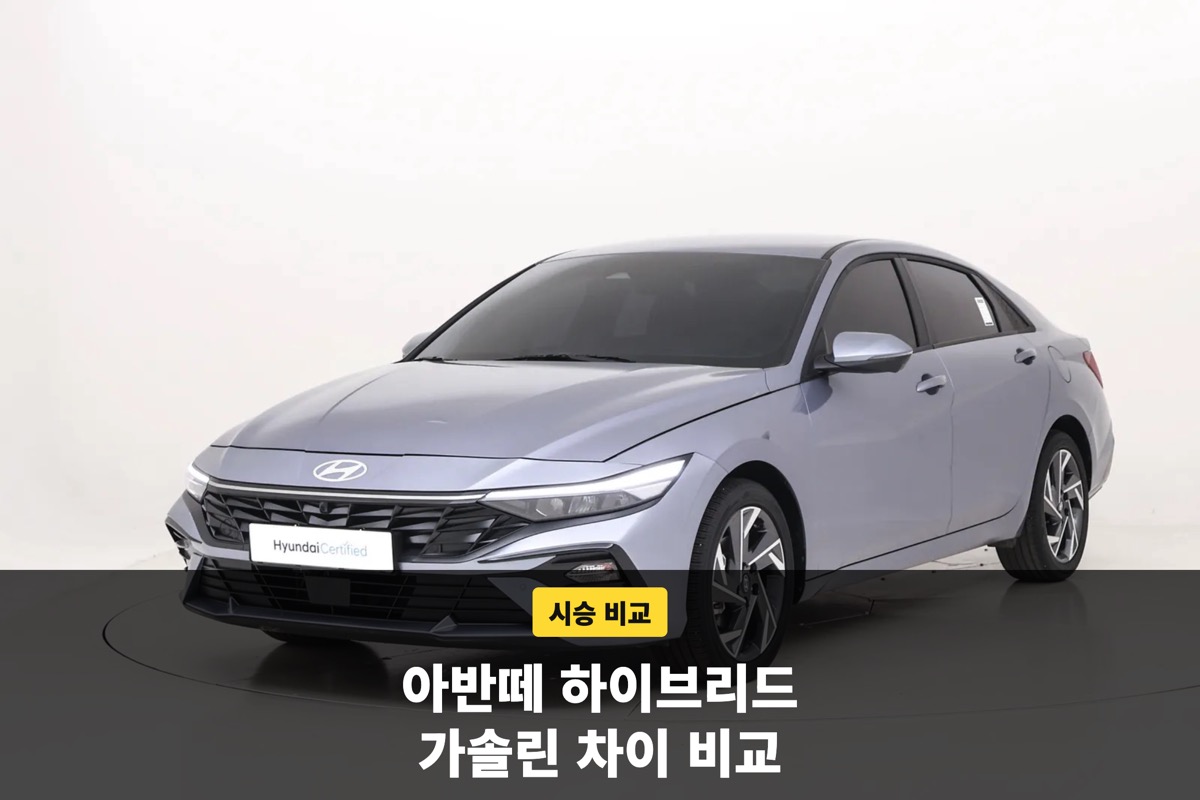 하늘색 아반떼 앞 측면과 하이브리드 가솔린 차이 비교 안내 문구