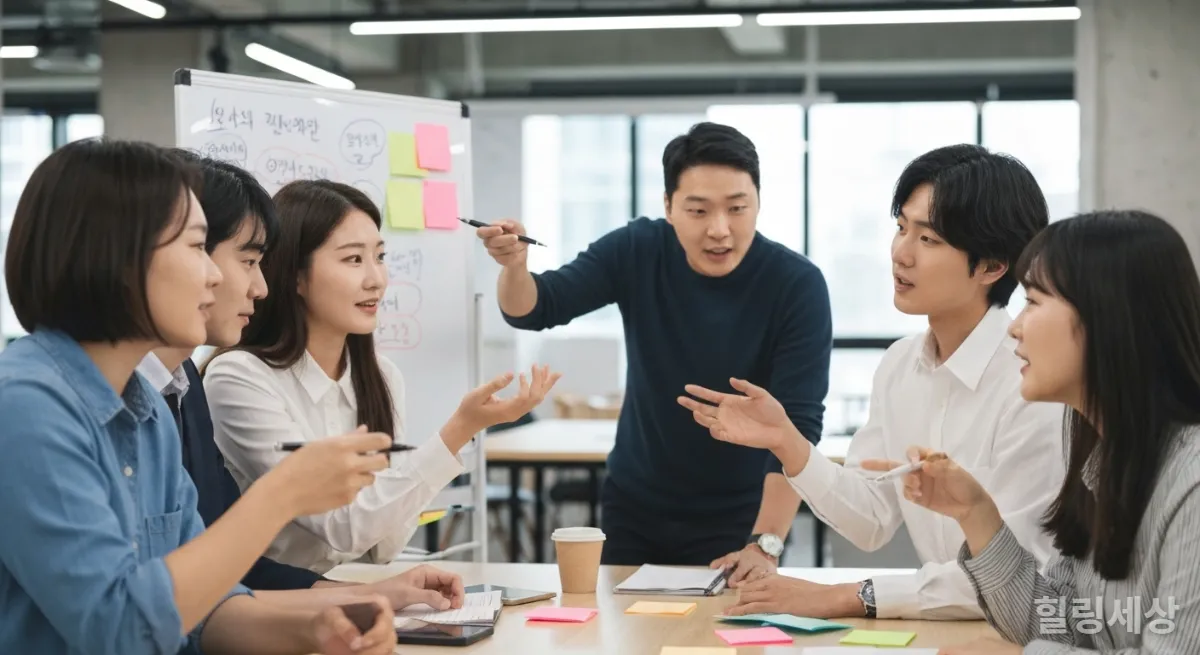 현대적인 코워킹 스페이스에서 활발하게 아이디어를 논의하는 한국인 직장인들