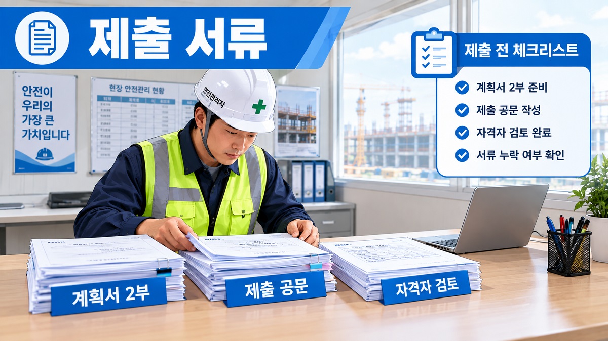 건설현장 사무실에서 안전관리자가 유해위험방지계획서 제출 서류를 준비하는 모습