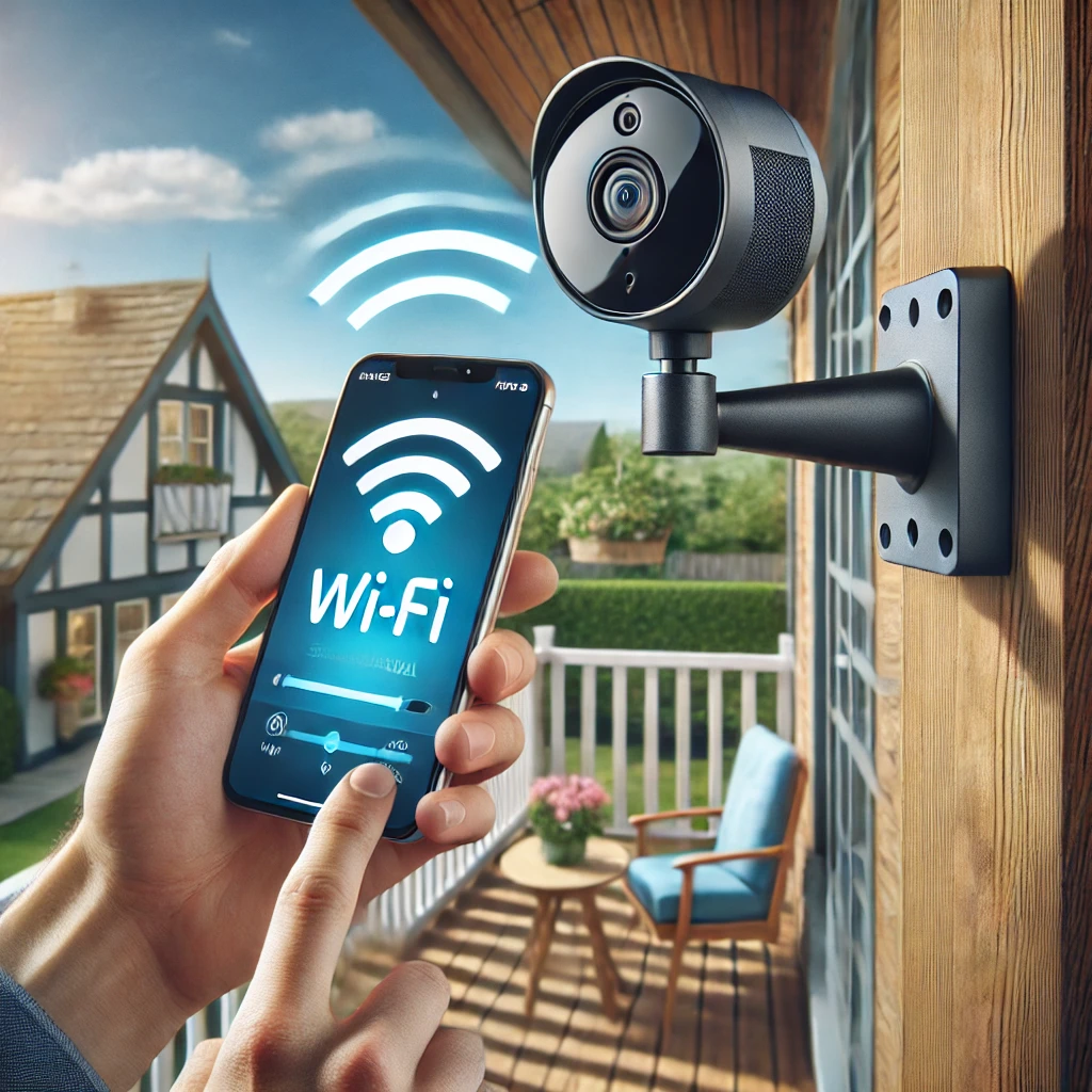 가정 발코니에서 무선 보안 카메라를 설치하며 스마트폰으로 Wi-Fi 신호 강도를 테스트하는 모습&amp;#44; 카메라는 뒷마당을 넓게 볼 수 있도록 최적의 위치에 배치됨&amp;#44; 배경에는 맑은 날씨와 잘 정돈된 정원이 보임