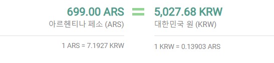 아르헨티나 페소 원화 가격