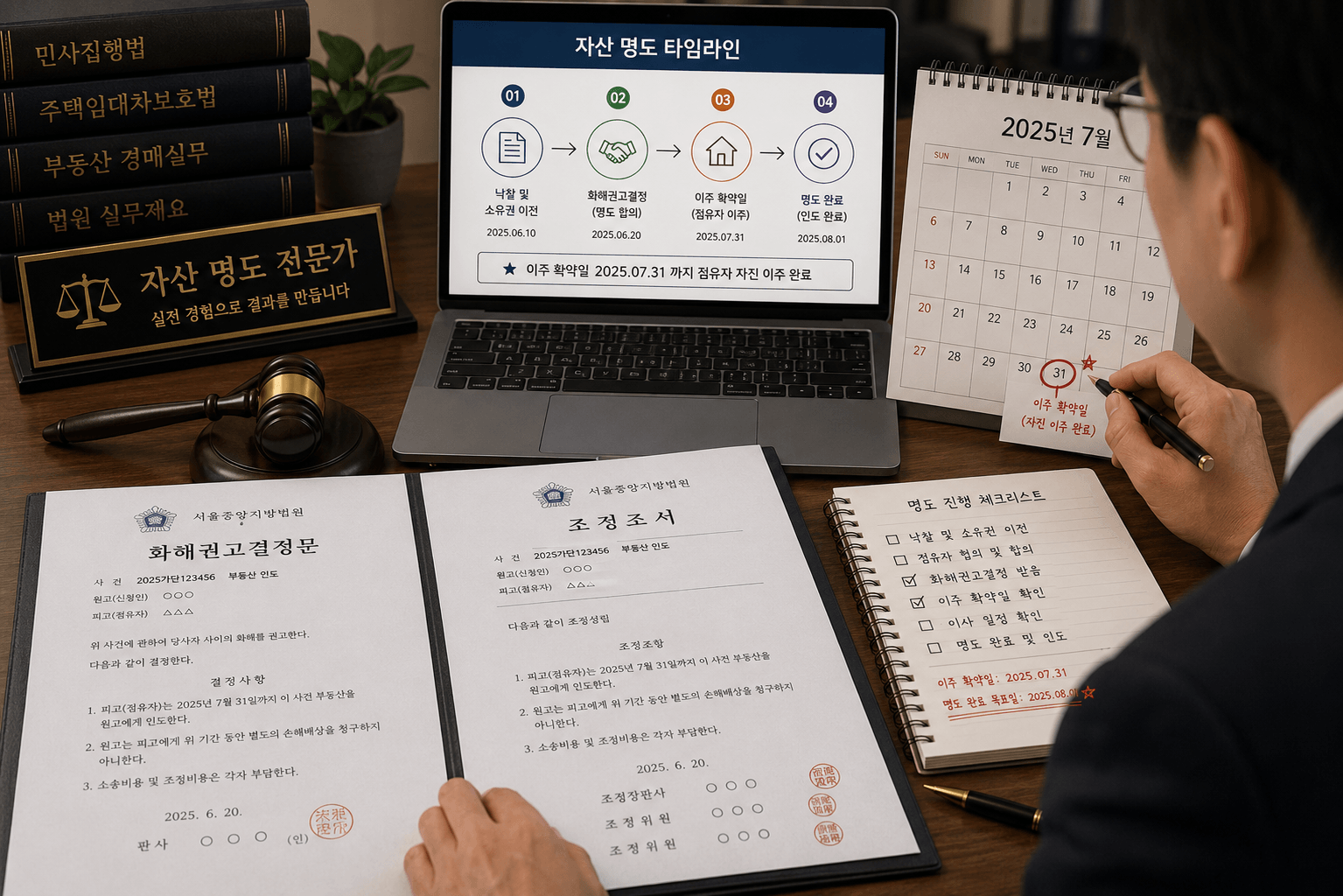 법원 조정실에서 받아낸 화해권고결정문 및 조정조서 서류를 펼쳐놓고 점유자의 이주 확약 날짜를 캘린더에 표시하며 자산 명도 타임라인을 최종 확정 짓는 투자자의 모습