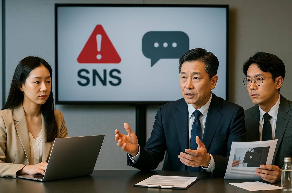 사무실에서 명품 브랜드 관계자들이 인플루언서 논란 대응을 논의하며 화면에 SNS 경고 아이콘이 표시된 장면.