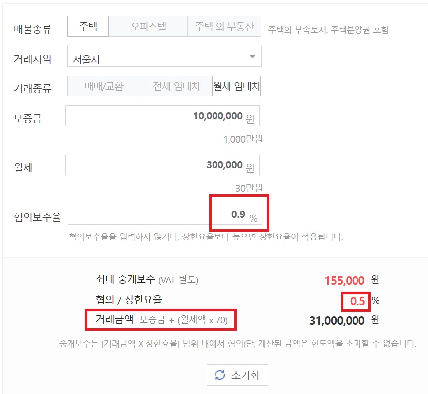 네이버 부동산 중개수수료 월세 계산