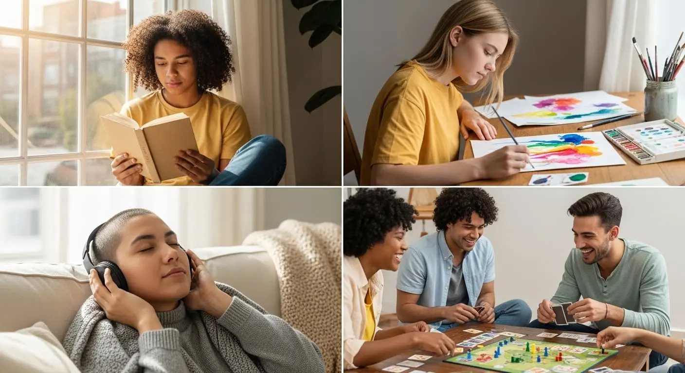 청소년들이 책 읽기, 그림 그리기, 음악 감상, 친구들과 보드게임 등 다양한 취미 활동으로 편안하게 휴식하며 스트레스를 해소하는 모습.