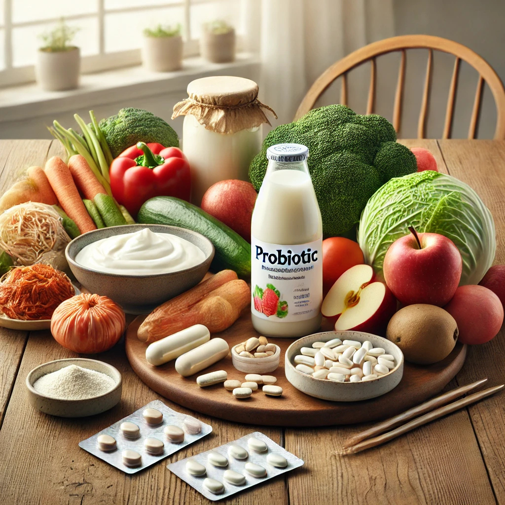 요구르트, 김치, 된장, 사과, 채소 등 자연 발효 식품들과 유산균 캡슐 및 분말이 자연스럽게 조화된 이미지