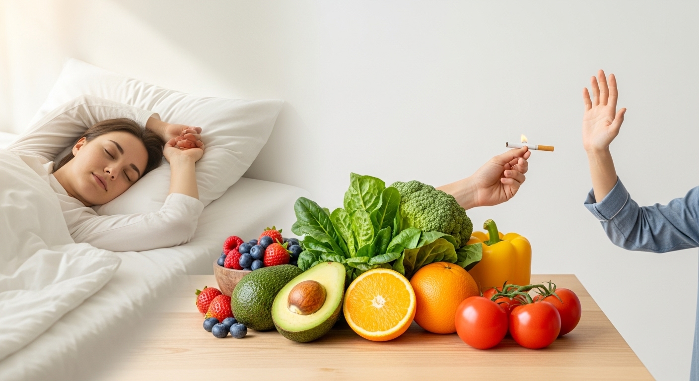 바른 수면 자세, 신선한 과일과 채소, 금연 등 건강한 생활 습관을 보여주는 이미지