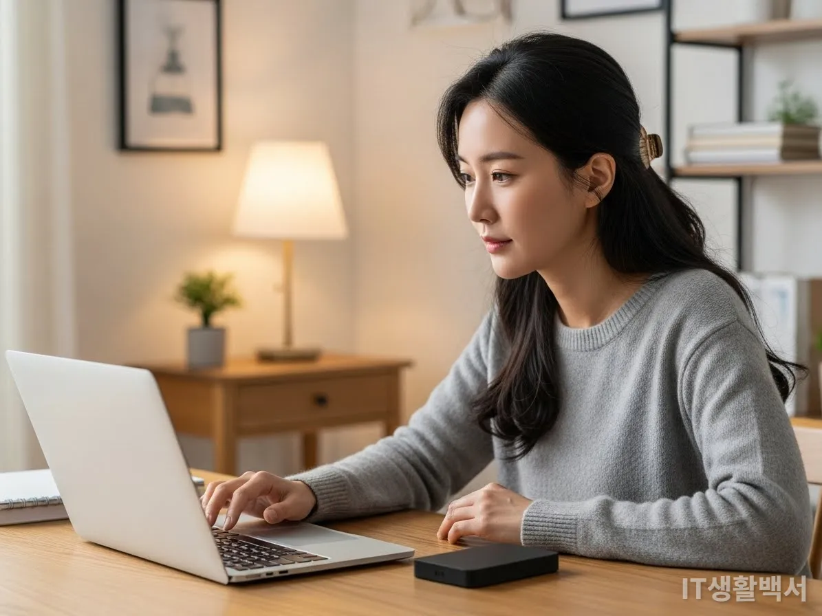 한국 여성이 노트북으로 사진과 문서를 정리하고 클라우드 데이터를 관리하는 모습