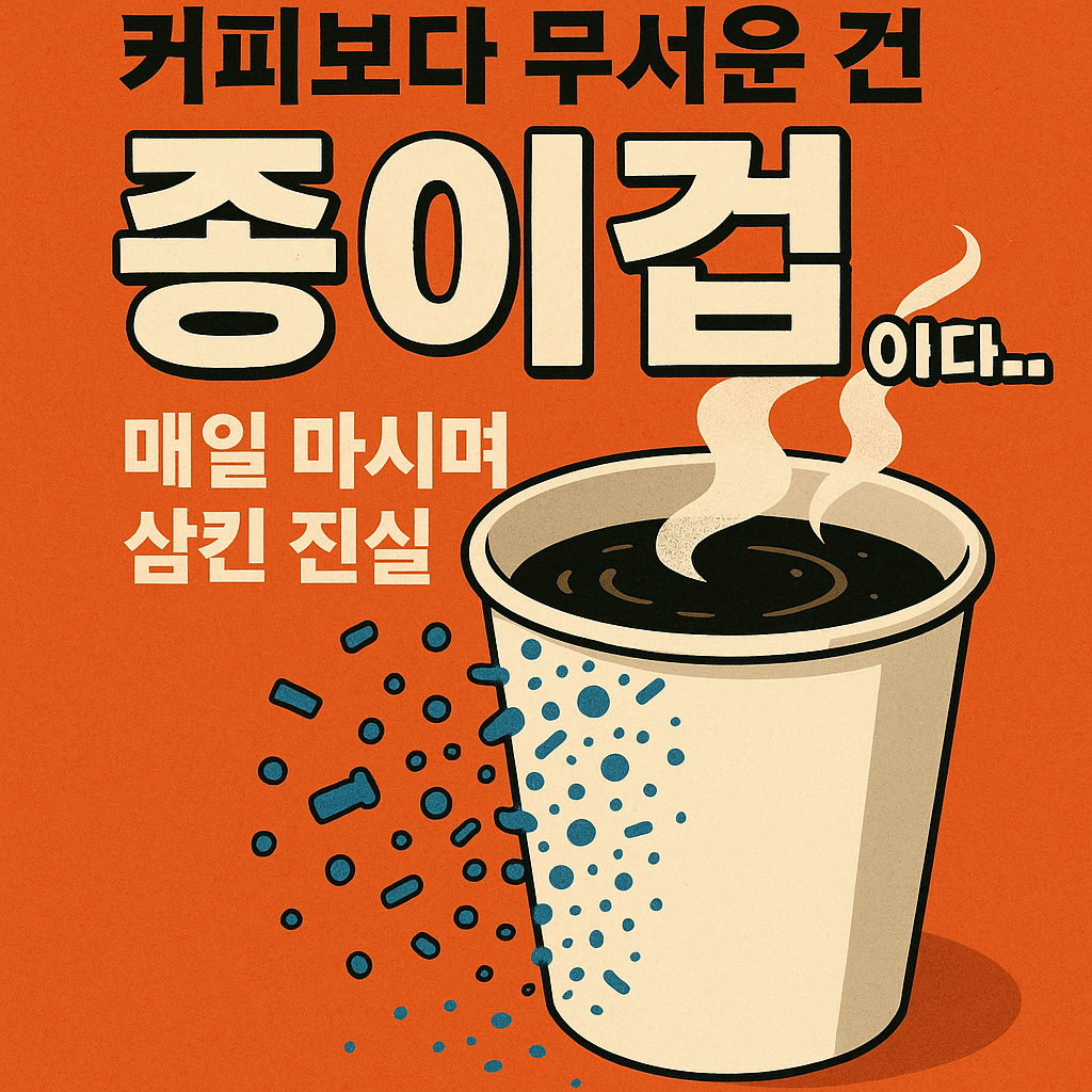 일회용 종이컵 속에서 미세플라스틱이 흘러나오는 모습을 강조한 일러스트 이미지, ‘커피보다 무서운 건 종이컵’이라는 경고 문구 포함