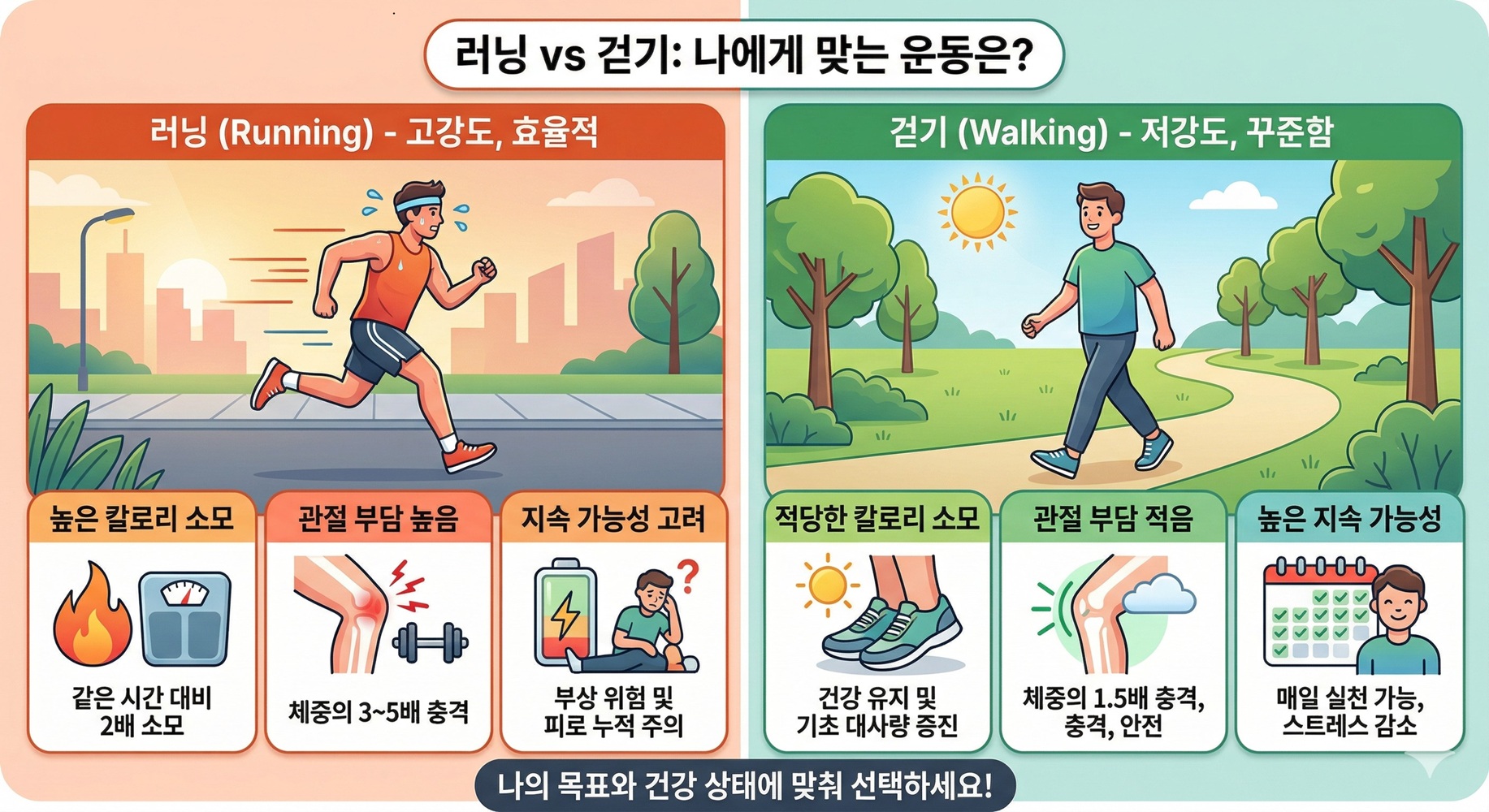 러닝 과 걷기의 비교 사진