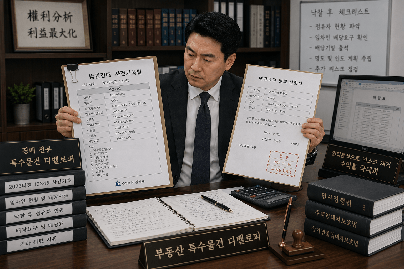 법원 경매 전용 사건 기록철 서류를 양손으로 펼쳐 들고 낙찰 후 추가된 임차인의 배당요구 철회 신청서 접수 도장을 날카롭게 대조 확인하는 부동산 특수물건 디벨로퍼의 집무실 모습