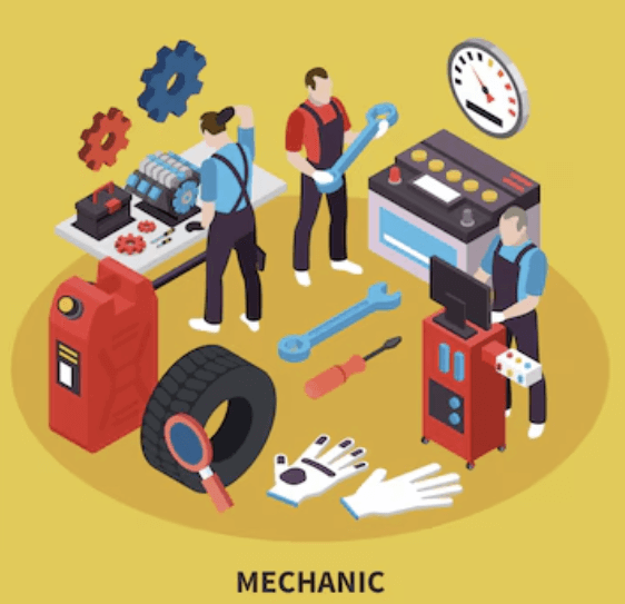 정비소 전경 일러스트 &ndash; 차량 소모품 및 부품 관련 유지비 시각화 