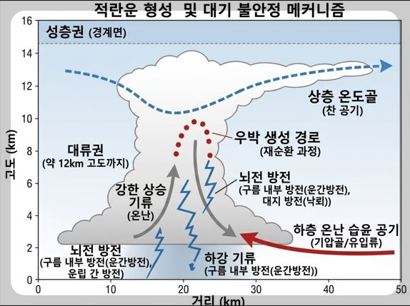 적란운과 낙뢰, 우박 형성 과정 모식도